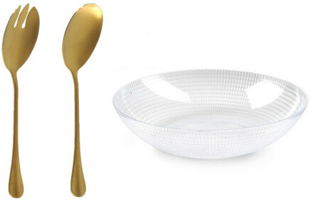 Forte Plastics Plastic Forte Slakom/schaal met gouden slacouvert - Kunststof - D30 cm - Saladeschalen Transparant