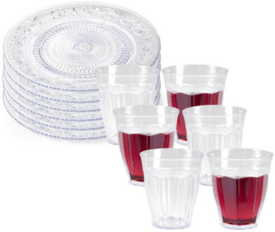 Forte Plastics Plasticforte camping servies kunststof - 12x dinerborden en 12x drinkbeker - transparant - onbreekbaar - Campingborden