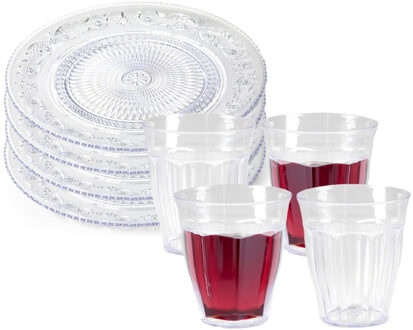Forte Plastics Plasticforte camping servies kunststof - 4x dinerborden en 4x drinkbeker - transparant - onbreekbaar - Campingborden