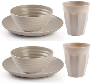 Forte Plastics Plasticforte Camping Servies set - kunststof - beige - 6x borden/6x drinkbekers/6x kommetjes - Campingborden