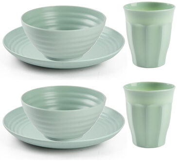 Forte Plastics Plasticforte Camping Servies set - kunststof - mintgroen - 6x borden/6x drinkbekers/6x kommetjes - Campingborden