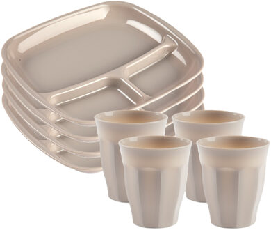 Forte Plastics Plasticforte camping servies van kunststof - 4x vakjesborden en 4x drinkbekers - beige - onbreekbaar - Gourmetborden