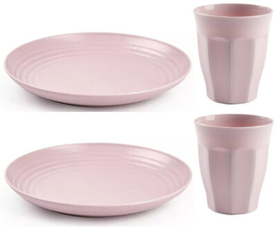 Forte Plastics Plasticforte camping servies van kunststof - 6x dinerborden en 6x drinkbekers - roze - onbreekbaar - Campingborden