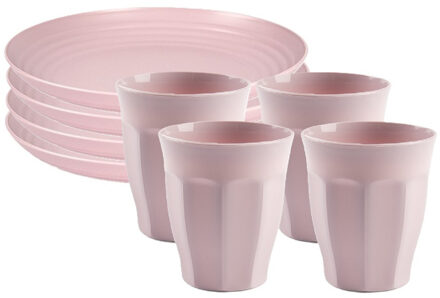Forte Plastics Plasticforte camping servies van kunststof - 8x dinerborden en 8x drinkbekers - roze - onbreekbaar - Campingborden