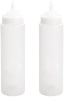 Forte Plastics PlasticForte Doseerfles/sausfles - 2x - kunststof - transparant - met schenktuit - 700 ml - 18 cm - Maatbekers