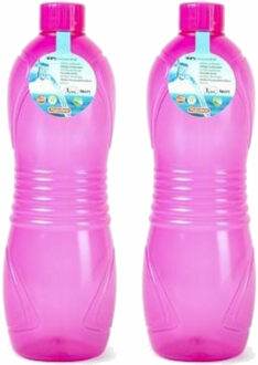 Forte Plastics Plasticforte Drinkfles/waterfles/bidon - 2x - 1000 ml - transparant/roze - kunststof - Drinkflessen