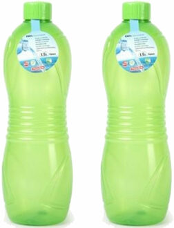 Forte Plastics Plasticforte Drinkfles/waterfles/bidon - 2x - 1500 ml - transparant/groen - kunststof - Drinkflessen