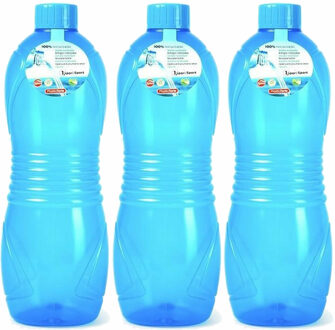 Forte Plastics Plasticforte Drinkfles/waterfles/bidon - 3x - 1000 ml - transparant/blauw - kunststof - Drinkflessen