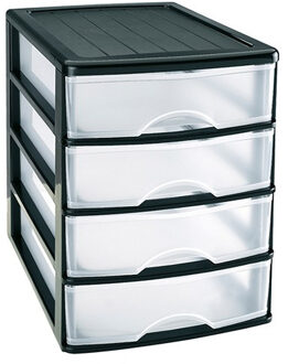 Forte Plastics PlasticForte Ladeblok/bureau organizer met 4x lades - zwart/transparant - L35,5 x B27 x H35 cm - Ladeblok