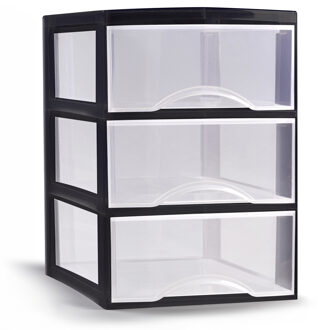 Forte Plastics Plasticforte Ladeblokje/bureau organizer 3x lades - transparant/zwart - L26 x B36 x H37 cm - Ladeblok