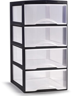 Forte Plastics Plasticforte Ladeblokje/bureau organizer 4x lades - transparant/zwart - L18 x B25 x H33 cm - Ladeblok