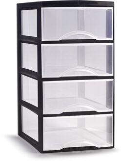 Forte Plastics Plasticforte Ladeblokje/bureau organizer 4x lades - transparant/zwart - L26 x B37 x H49 cm - Ladeblok