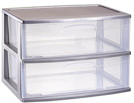 Forte Plastics Plasticforte Ladeblokje organizer 2x lades - zilver/transparant - L56 x B40 x H41 cm - plastic - Ladeblok