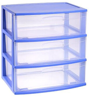 Forte Plastics Plasticforte Ladeblokje organizer 3x lades - blauw/transparant - L56 x B40 x H61 cm - plastic - Ladeblok