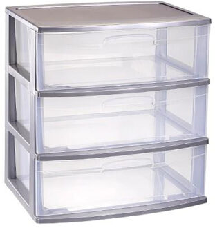 Forte Plastics Plasticforte Ladeblokje organizer 3x lades - zilver/transparant - L56 x B40 x H61 cm - plastic - Ladeblok