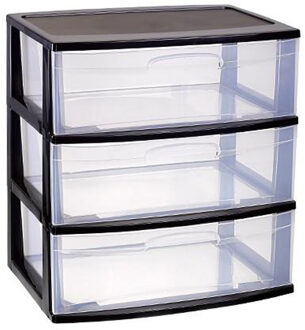 Forte Plastics Plasticforte Ladeblokje organizer 3x lades - zwart/transparant - L56 x B40 x H61 cm - plastic - Ladeblok