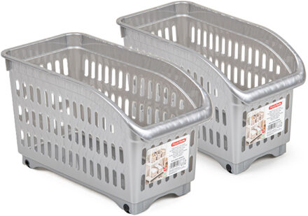 Forte Plastics Plasticforte opberg Trolley Container - 2x - zilver - L30 x B15 x H18 cm - kunststof - Opberg trolley Zilverkleurig