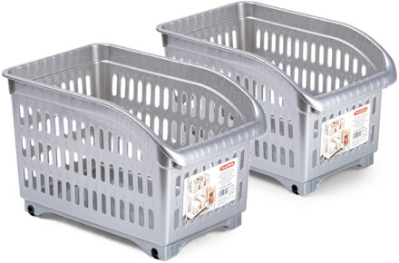 Forte Plastics Plasticforte opberg Trolley Container - 2x - zilver - L30 x B18 x H19 cm - kunststof - Opberg trolley Zilverkleurig