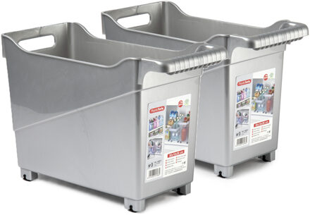 Forte Plastics Plasticforte opberg Trolley Container - 2x - zilver - L38 x B18 x H26 cm - kunststof - Opberg trolley Zilverkleurig