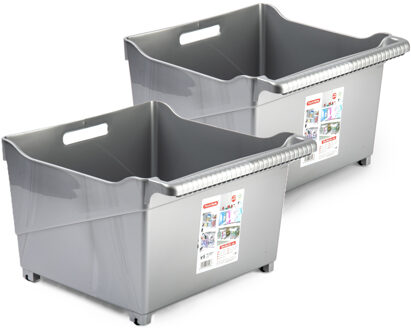 Forte Plastics Plasticforte opberg Trolley Container - 2x - zilver - L39 x B38 x H26 cm - kunststof - Opberg trolley Zilverkleurig