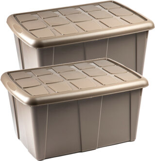 Forte Plastics Plasticforte Opslagbox met deksel - 2x - Beige - 60L - kunststof - 63 x 46 x 32 cm - Opbergbox