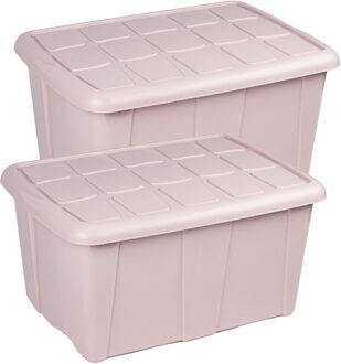 Forte Plastics Plasticforte Opslagbox met deksel - 2x - Lichtroze - 60L - kunststof - 63 x 46 x 32 cm - Opbergbox