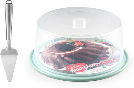 Forte Plastics Plasticforte Taart/gebakjes bewaardoos - rond dia 32 cm - bodem mintgroen - met taartschep rvs 27 cm - Taartplateaus