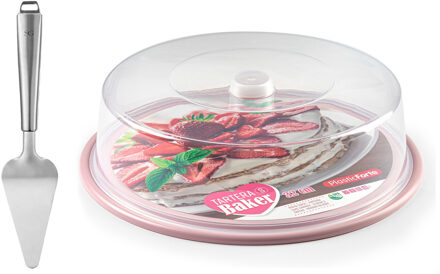 Forte Plastics Plasticforte Taart/gebakjes bewaardoos - rond dia 32 cm - bodem roze - met taartschep rvs 27 cm - Taartplateaus