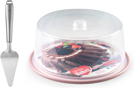 Forte Plastics Plasticforte Taart/gebakjes bewaardoos - rond dia 32 cm - bodem roze - met taartschep rvs 27 cm - Taartplateaus