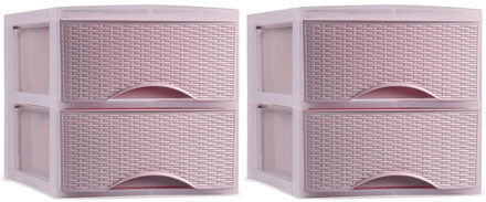 Forte Plastics Plasticforte thuis kantoor organizer ladeblok - 2x - 2 lades - 25 x 37 x 26 cm - kunststof - roze - Ladeblok