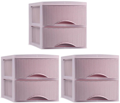 Forte Plastics Plasticforte thuis kantoor organizer ladeblok - 3x - 2 lades - 25 x 37 x 26 cm - kunststof - roze - Ladeblok