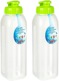 Forte Plastics PlasticForte Waterfles/bidon - 2x - 1000 ml - transparant/groen - kunststof - Drinkflessen