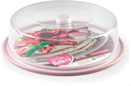 Forte Plastics Ronde taart/gebak bewaardoos - transparant met roze bodem - D32 x H9,5 cm - Taartplateaus