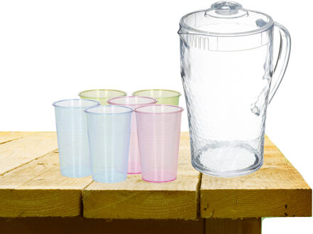 Forte Plastics Sapkan met 12x glazen 2 liter transparant kunststof - Drinkglazen Multikleur
