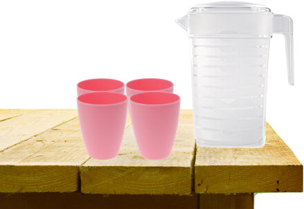 Forte Plastics Set van 1x waterkan 1 liter met 4x drinkbekers kunststof roze - Schenkkannen Transparant