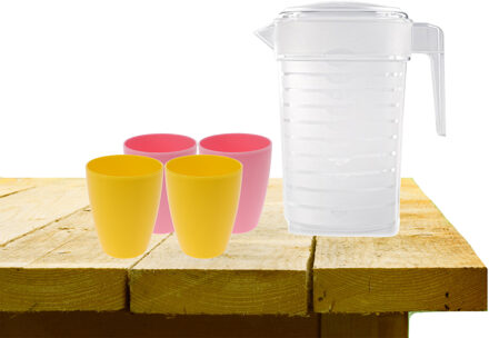 Forte Plastics Set van 1x waterkan 1 liter met drinkbekers 2x roze en 2x geel
