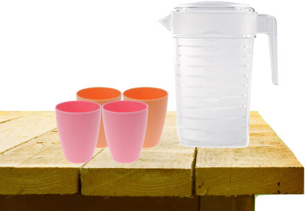 Forte Plastics Set van 1x waterkan 1 liter met drinkbekers 2x roze en 2x oranje