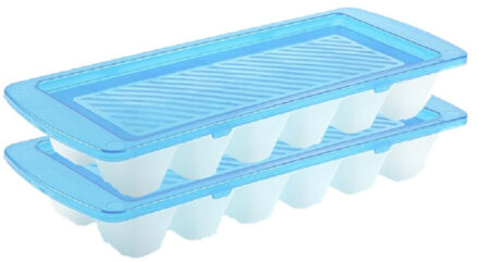 Forte Plastics Set van 2x stuks iJsblokjes/ijsklontjes maken bakjes met afsluit deksel blauw 28 cm - IJsblokjesvormen