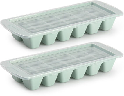 Forte Plastics Set van 2x stuks IJsblokjes/ijsklontjes maken kunststof bakje met afsluitdeksel mintgroen 28 x 11 cm - IJsblokjesvormen