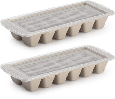 Forte Plastics Set van 2x stuks IJsblokjes/ijsklontjes maken kunststof bakje met afsluitdeksel taupe 28 x 11 cm - IJsblokjesvormen