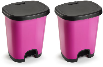 Forte Plastics Set van 2x stuks kunststof afvalemmers/vuilnisemmers/pedaalemmers in het fuchsia roze/zwart van 27 liter met deksel en pedaal. 38 x 32 x 45 cm.