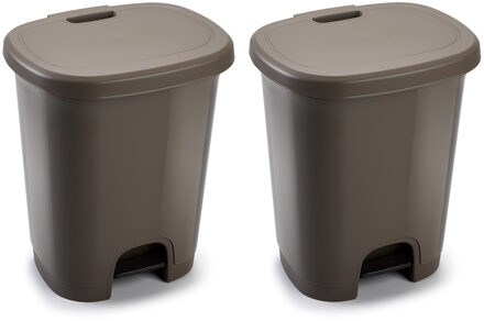 Forte Plastics Set van 2x stuks kunststof afvalemmers/vuilnisemmers/pedaalemmers in het taupe van 27 liter met deksel en pedaal. 38 x 32 x 45 cm.