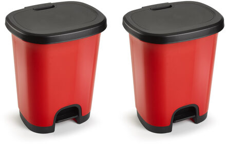 Forte Plastics Set van 2x stuks kunststof afvalemmers/vuilnisemmers rood/zwart van 27 liter met pedaal - Pedaalemmers