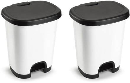Forte Plastics Set van 2x stuks kunststof afvalemmers/vuilnisemmers wit/zwart van 27 liter met pedaal - Pedaalemmers