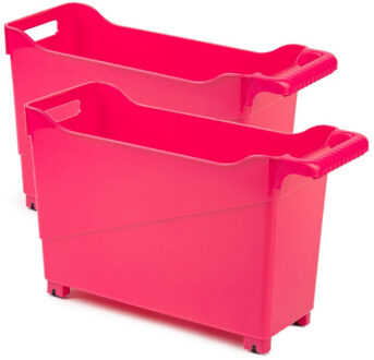 Forte Plastics Set van 2x stuks kunststof trolleys fuchsia roze op wieltjes L45 x B17 x H29 cm - Opberg trolley