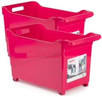 Forte Plastics Set van 2x stuks kunststof trolleys fuchsia roze op wieltjes L45 x B24 x H27 cm - Opberg trolley