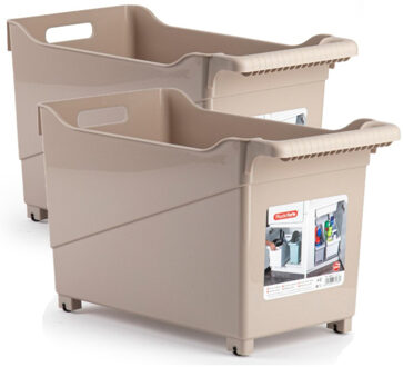 Forte Plastics Set van 2x stuks kunststof trolleys lichtbruin op wieltjes L45 x B24 x H27 cm - Opberg trolley