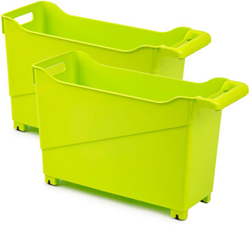 Forte Plastics Set van 2x stuks kunststof trolleys lime groen op wieltjes L45 x B17 x H29 cm - Opberg trolley