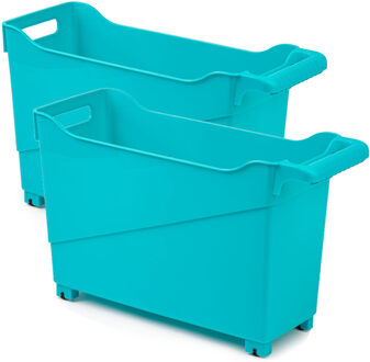 Forte Plastics Set van 2x stuks kunststof trolleys turquoise blauw op wieltjes L45 x B17 x H29 cm - Opberg trolley