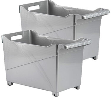 Forte Plastics Set van 2x stuks kunststof trolleys zilver op wieltjes L45 x B24 x H27 cm - Opberg trolley Zilverkleurig